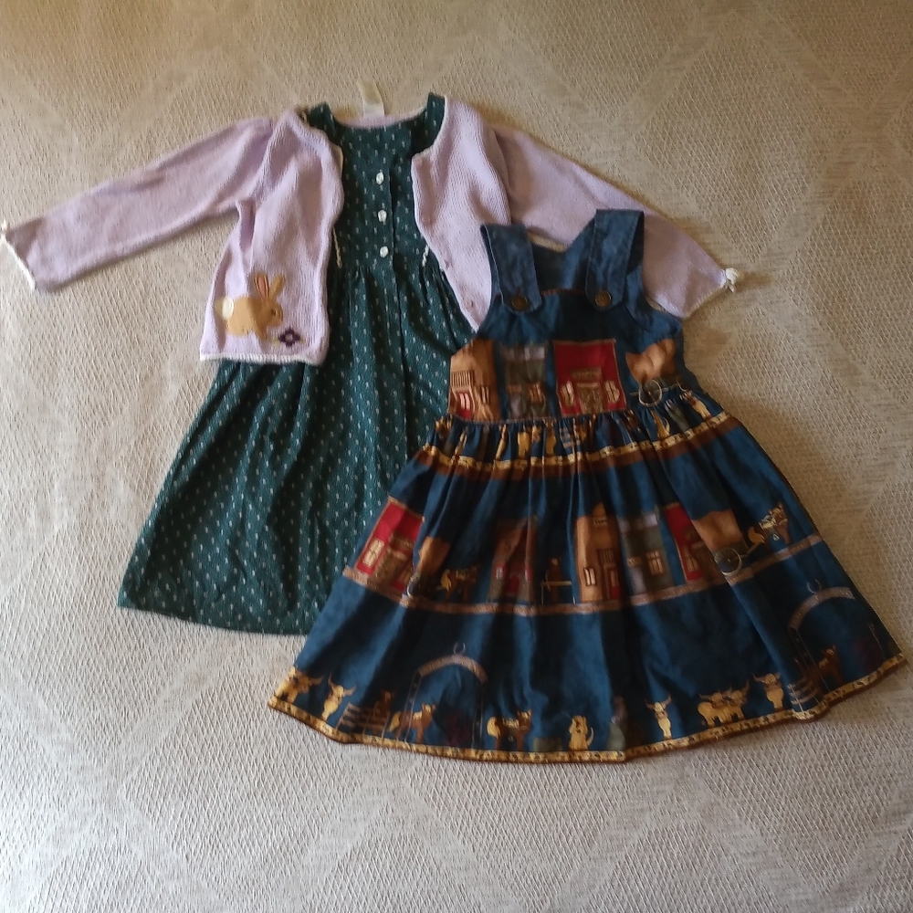 2 handmade cotton dresses and a Gymboree sweater